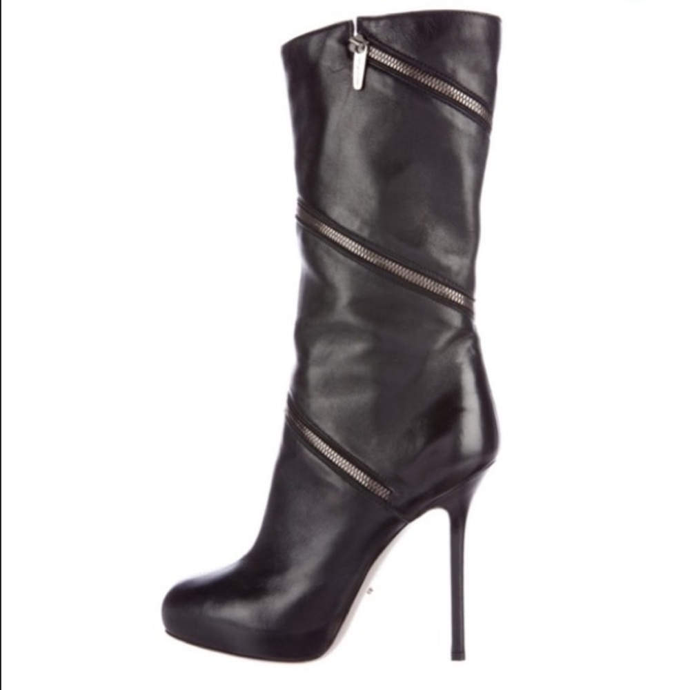 Sergio Rossi Black Leather Booties with Zipper